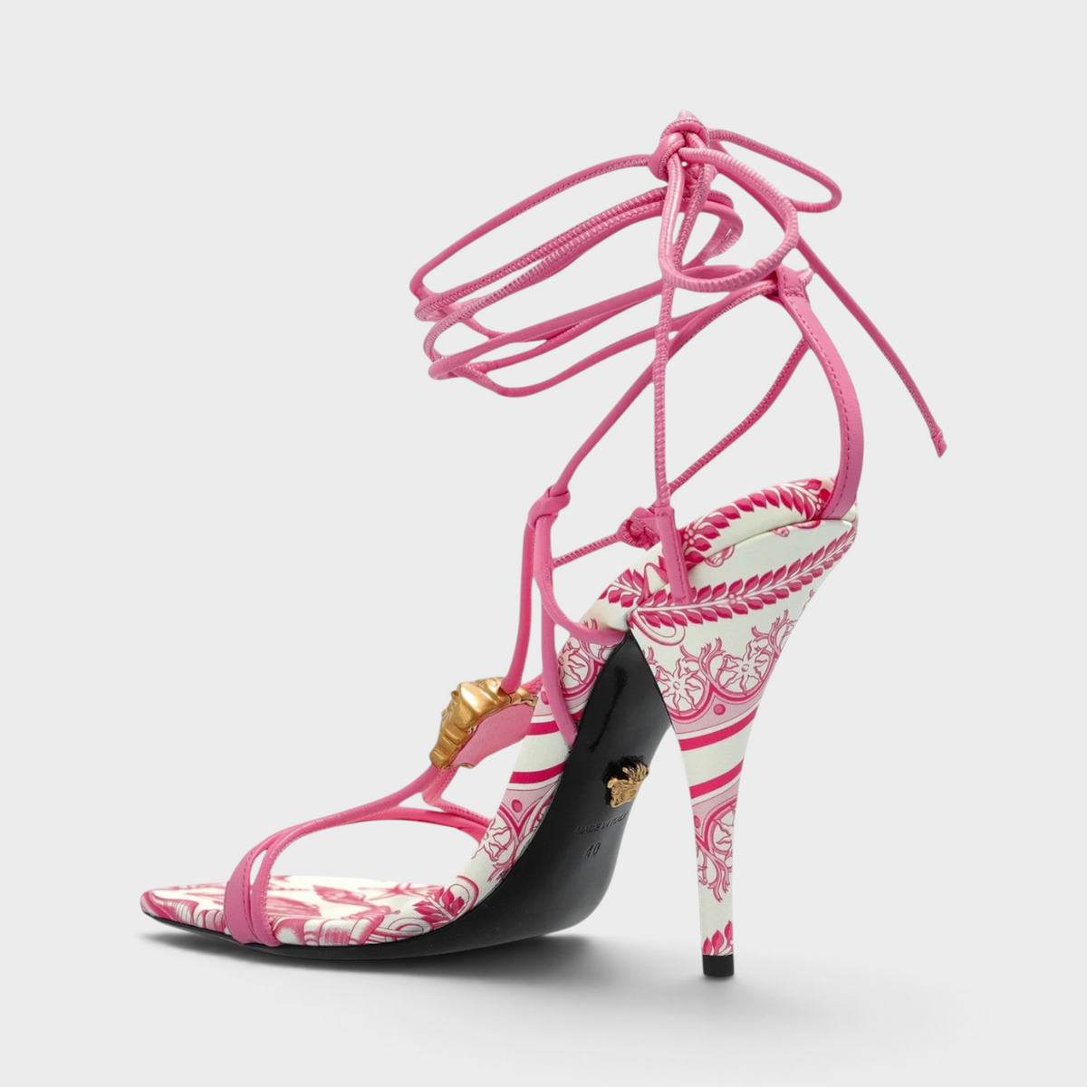 Medusa Barocco Square Toe Heeled Sandals Pink White