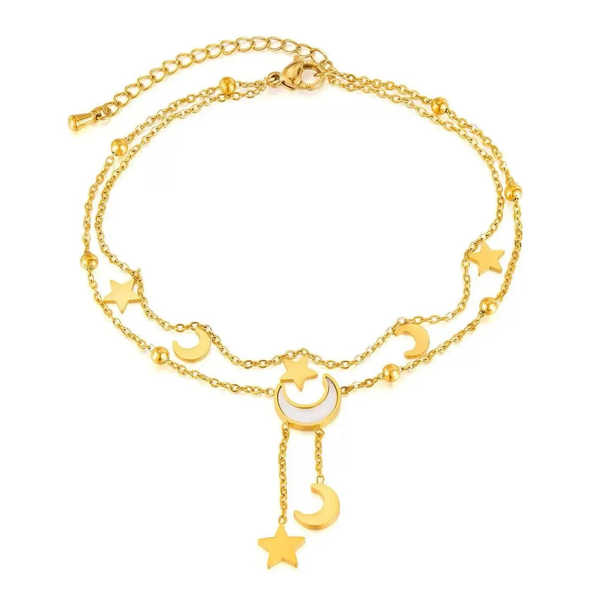 Cassia Luxe 18k Gold Double Layer Celestial Moon and Star Gold Anklet