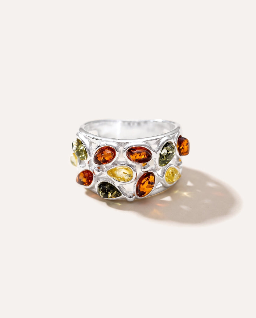 Anello a fascia con ambra floreale multicolore