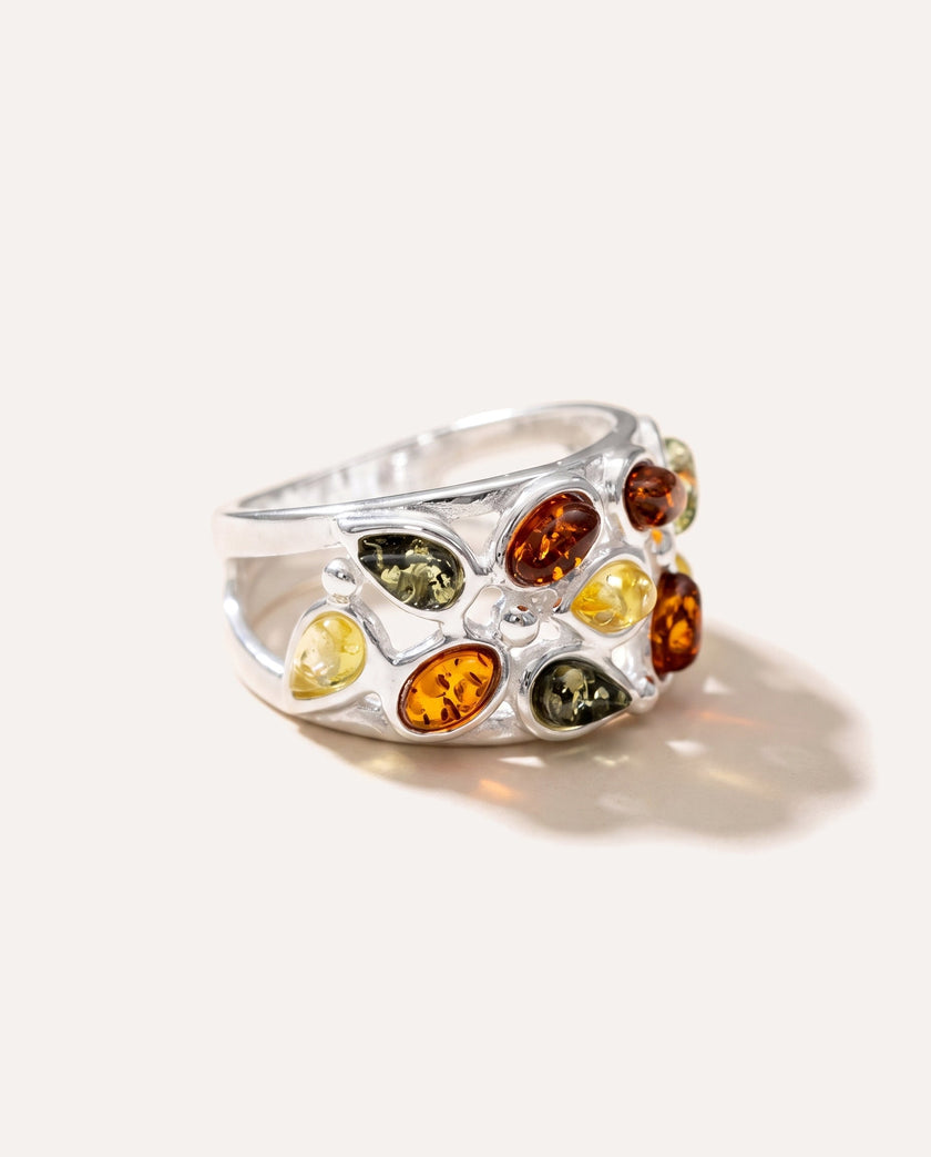 Anello a fascia con ambra floreale multicolore