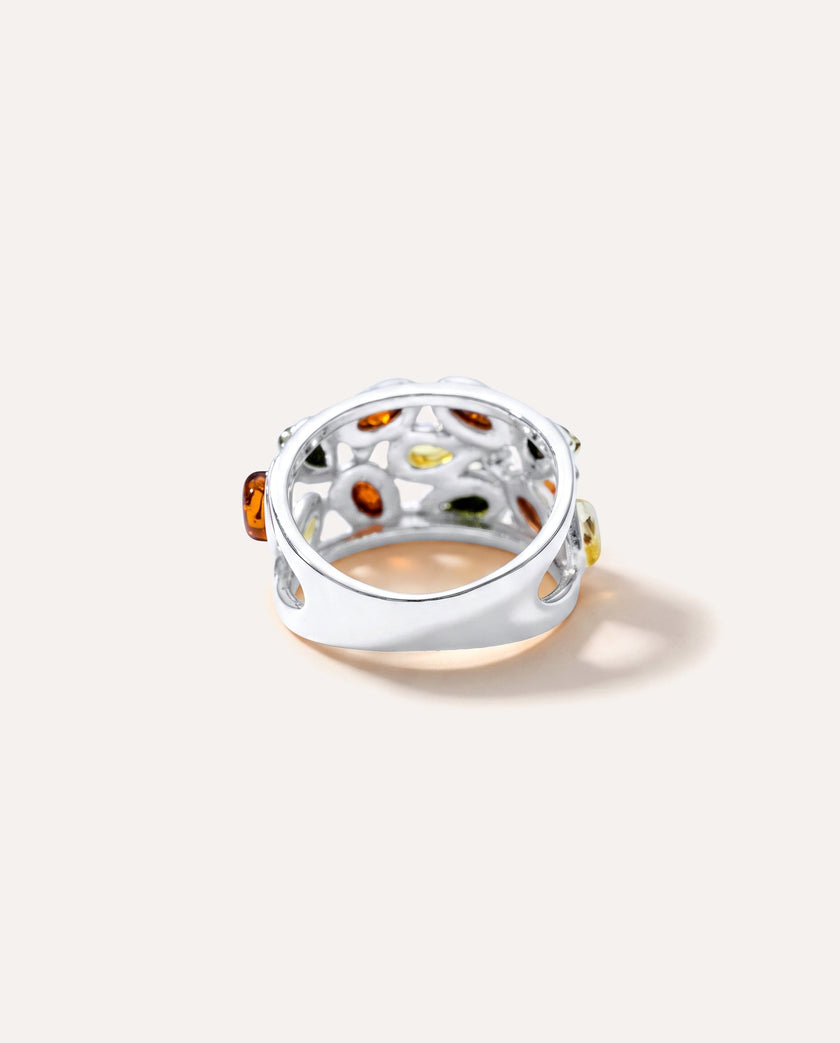 Anello a fascia con ambra floreale multicolore