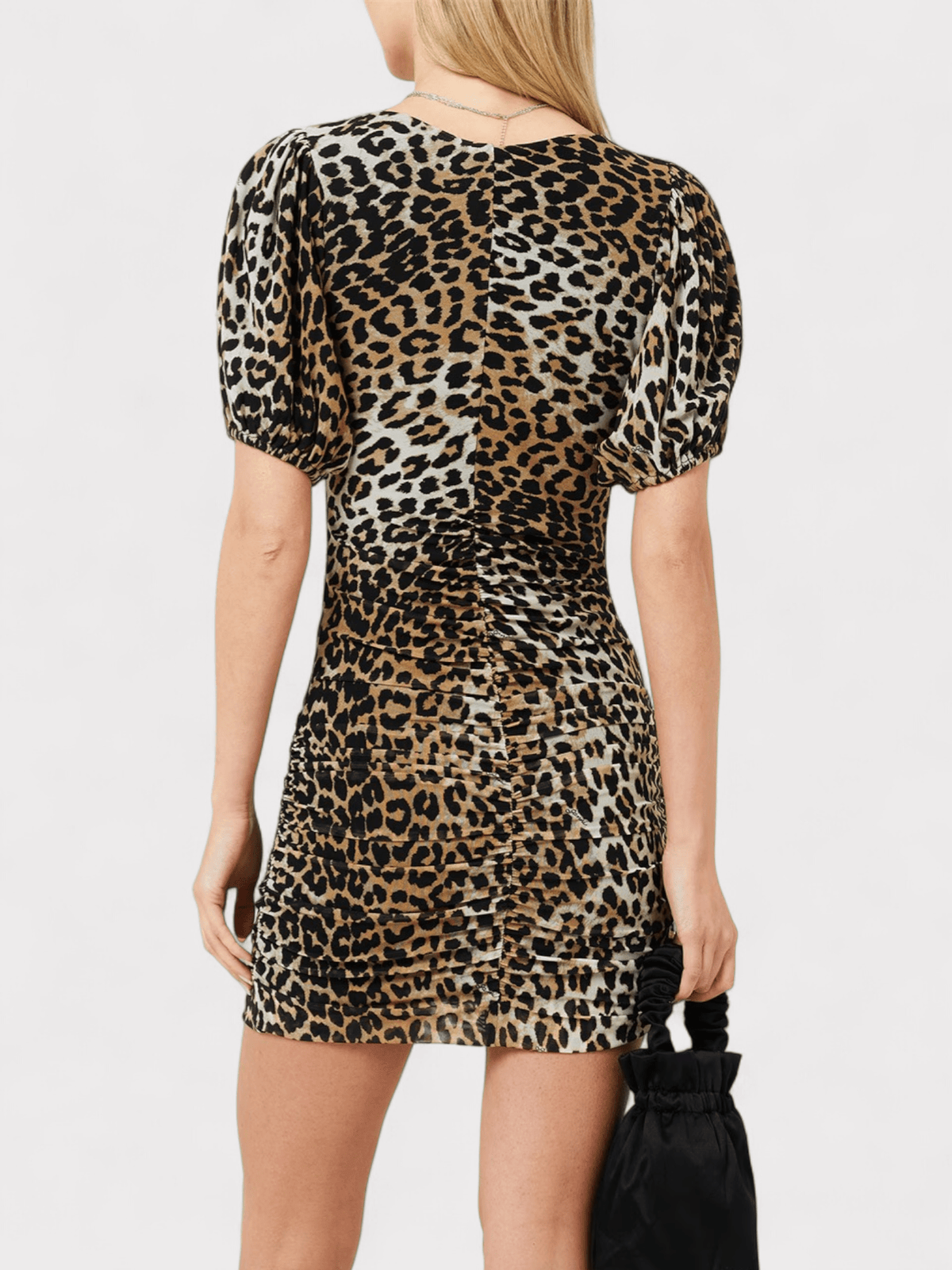 GANNI Ruched Mesh Mini Dress Leopard Print