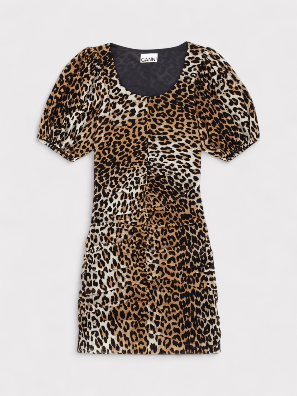 GANNI Ruched Mesh Mini Dress Leopard Print