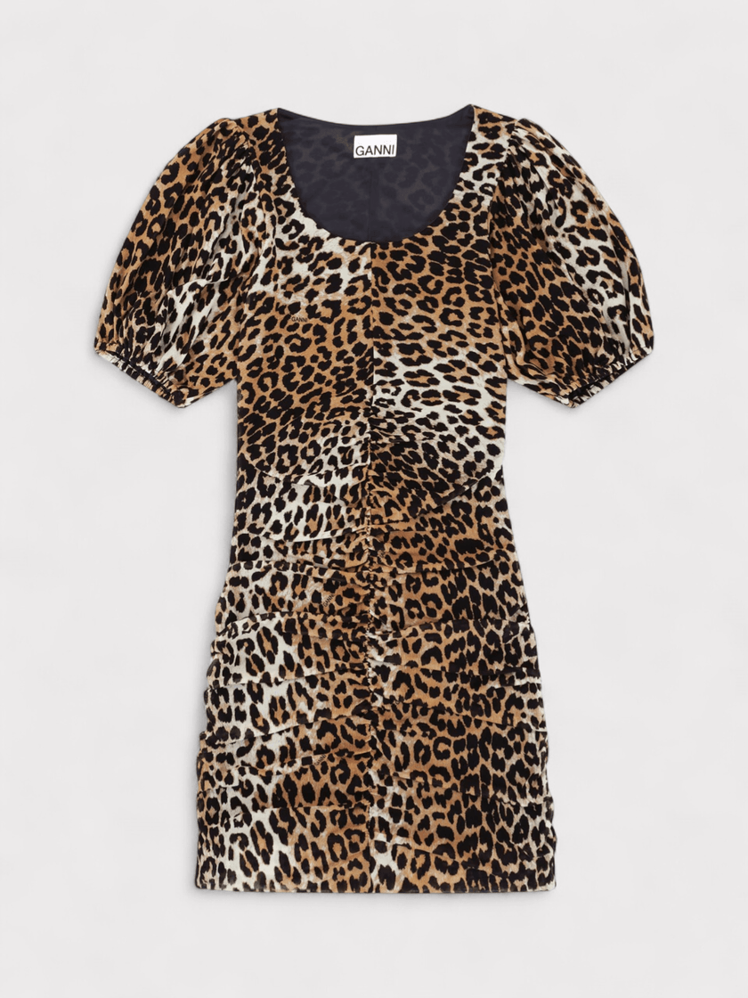 GANNI Ruched Mesh Mini Dress Leopard Print