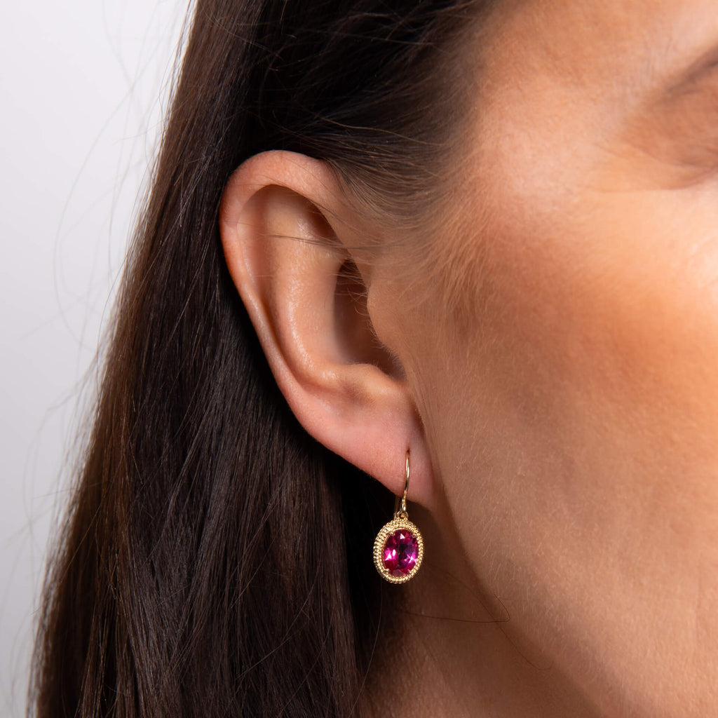 Elements Gold Oval Cut Pink Topaz Drop Earrings