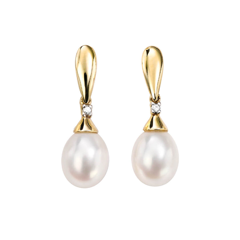 Elements Gold Freshwater Pearl and Diamond Drop Earrings
