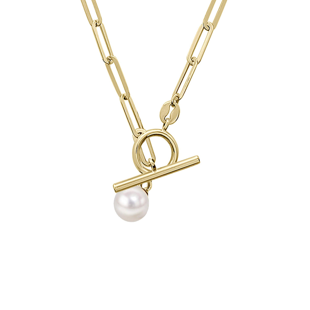 Elements Gold T-Bar Chain Necklace with Freshwater Pearl Charm