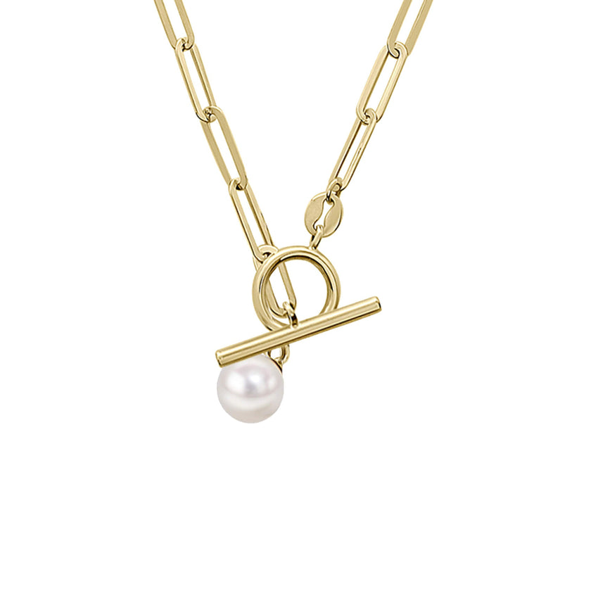 Elements Gold T-Bar Chain Necklace with Freshwater Pearl Charm