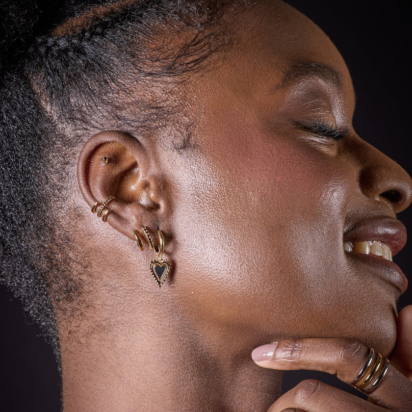 Gold Black Heart Charm Hoop Earrings