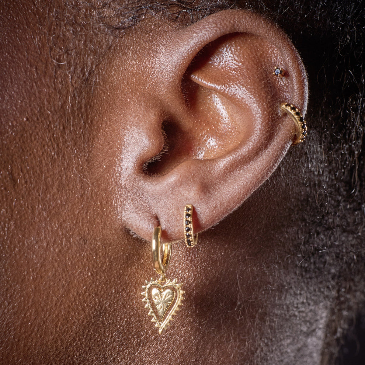 Gold Black Heart Charm Hoop Earrings