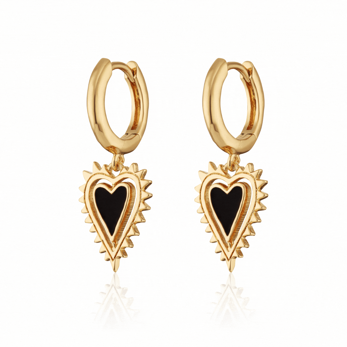 Gold Black Heart Charm Hoop Earrings