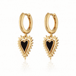 Gold Black Heart Charm Hoop Earrings