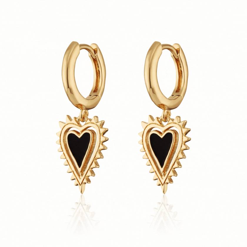 Gold Black Heart Charm Hoop Earrings