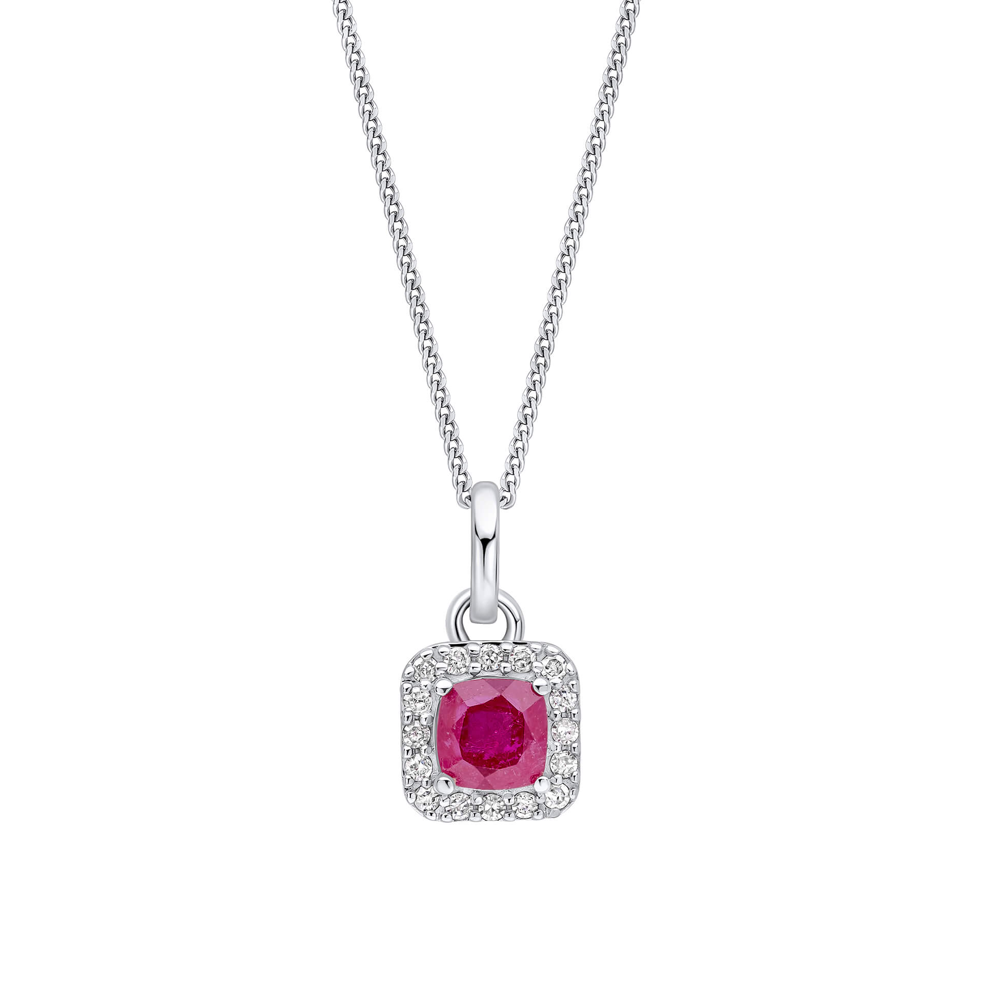 Elements Gold Cushion Cut Ruby with Diamond Halo Pendant