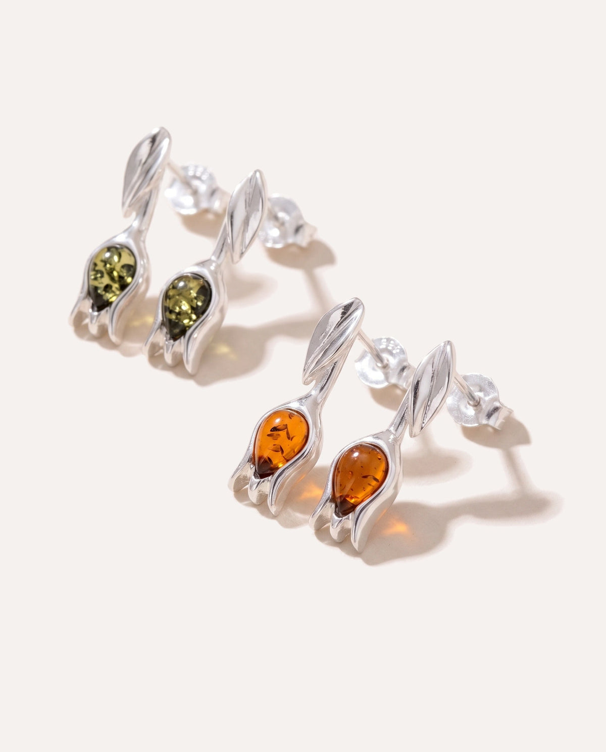 Green Amber Tulip Stud Earrings
