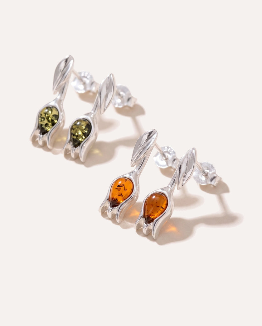 Green Amber Tulip Stud Earrings