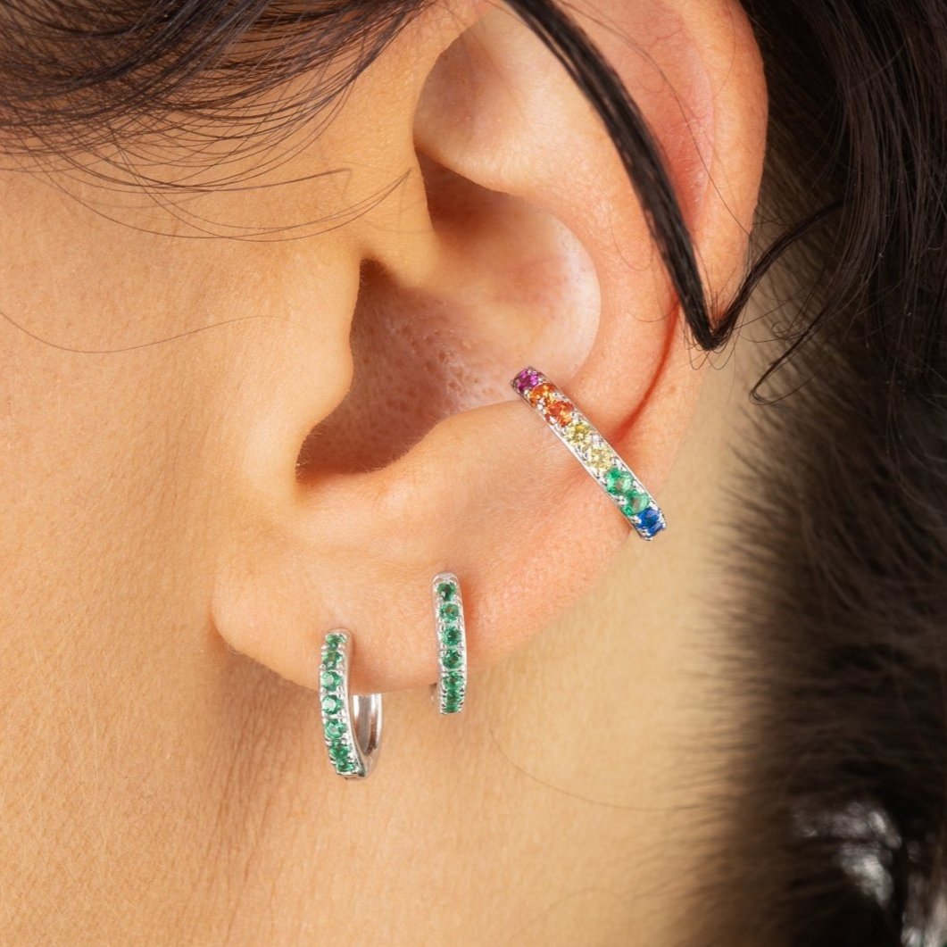 Huggie Earrings with Green Stones
