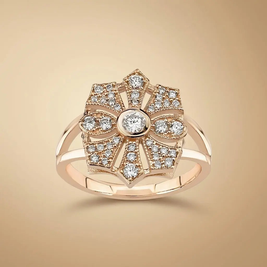 14ct/14K Rose Gold Natural Diamond Ring – Vintage Floral Diamond