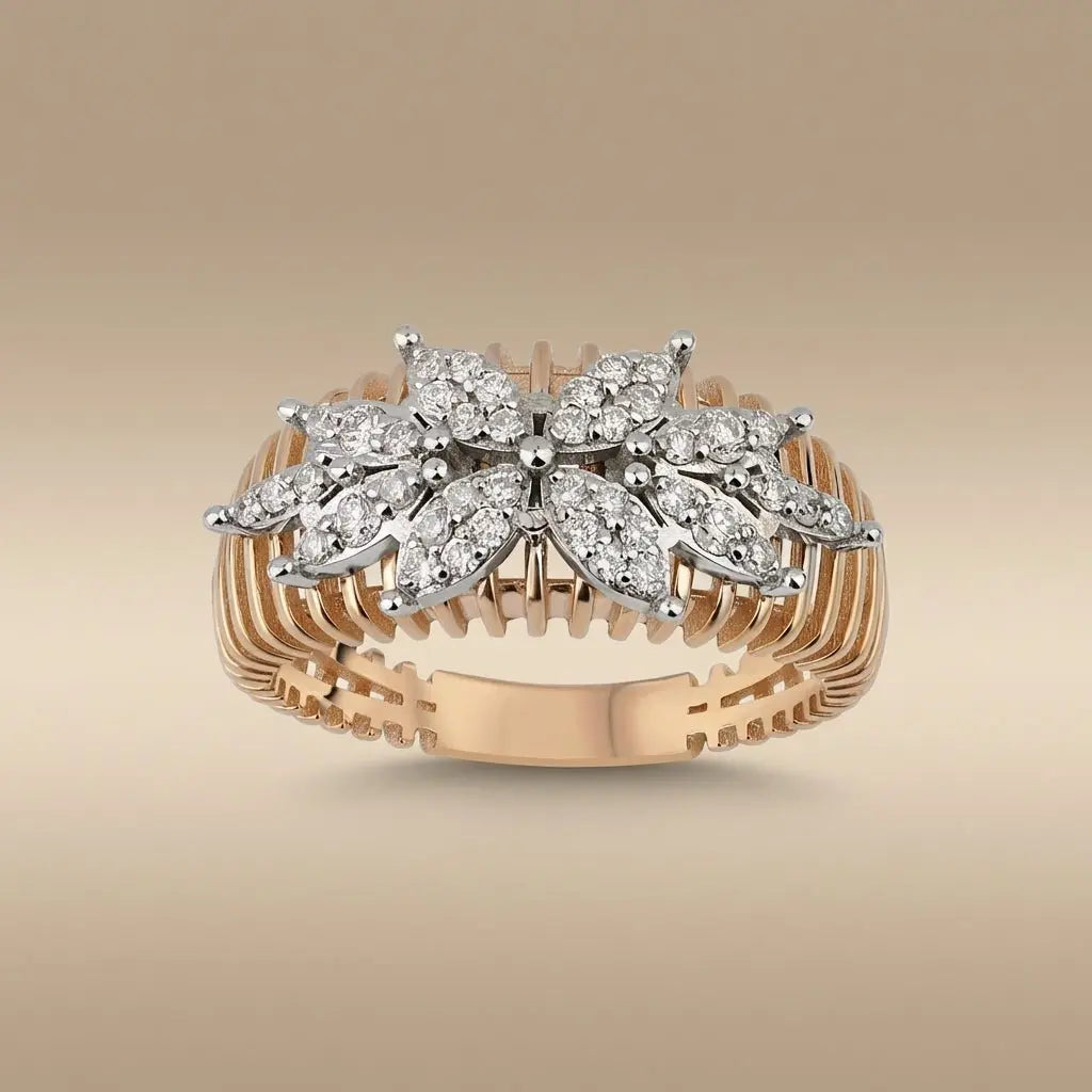 14ct/14K Gold Natural Diamond Ring – Floral Cluster Diamond Statement
