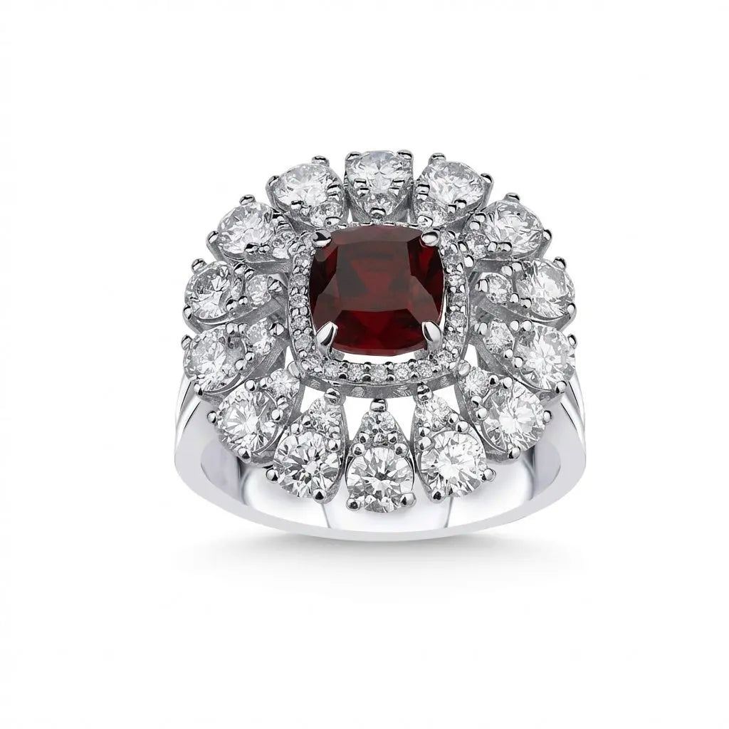 14ct/14K White Gold Natural Ruby & Diamond Ring – Ruby Diamond Floral Halo