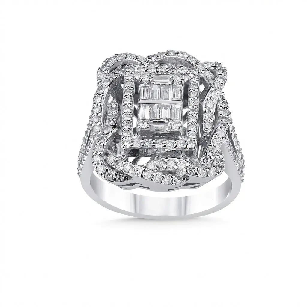 14ct/14K White Gold Natural Diamond Ring – Luxury Baguette Pavé Diamond Statement