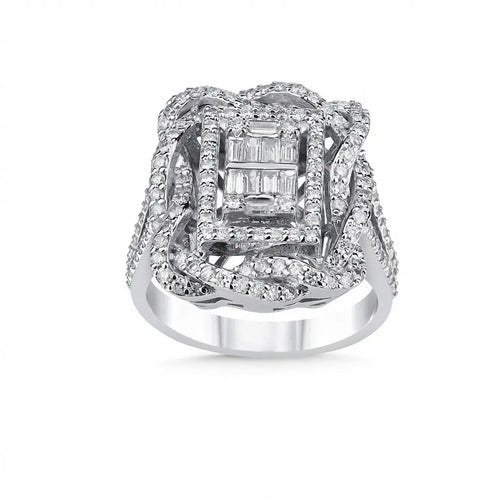 14ct/14K White Gold Natural Diamond Ring – Luxury Baguette Pavé Diamond Statement