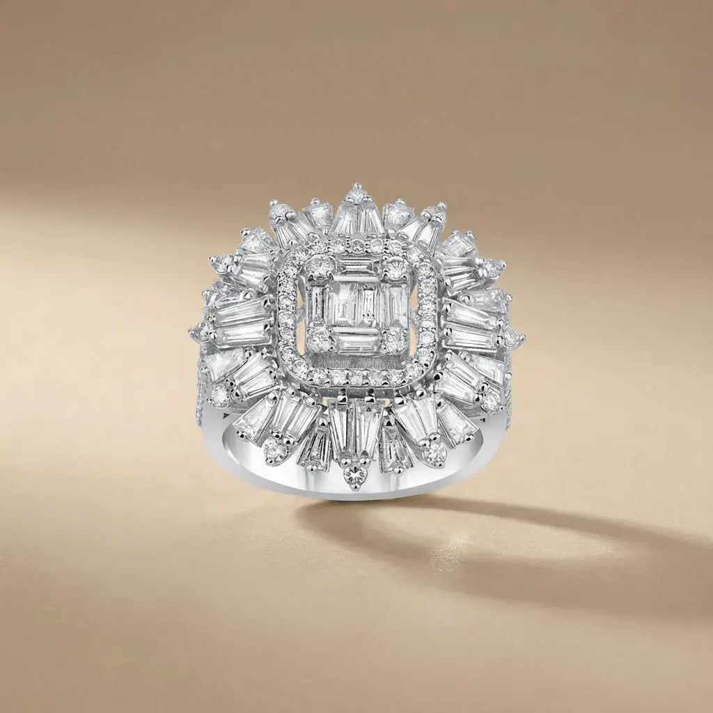 14ct/14K White Gold Natural Diamond Ring – Baguette Diamond Sunburst Statement