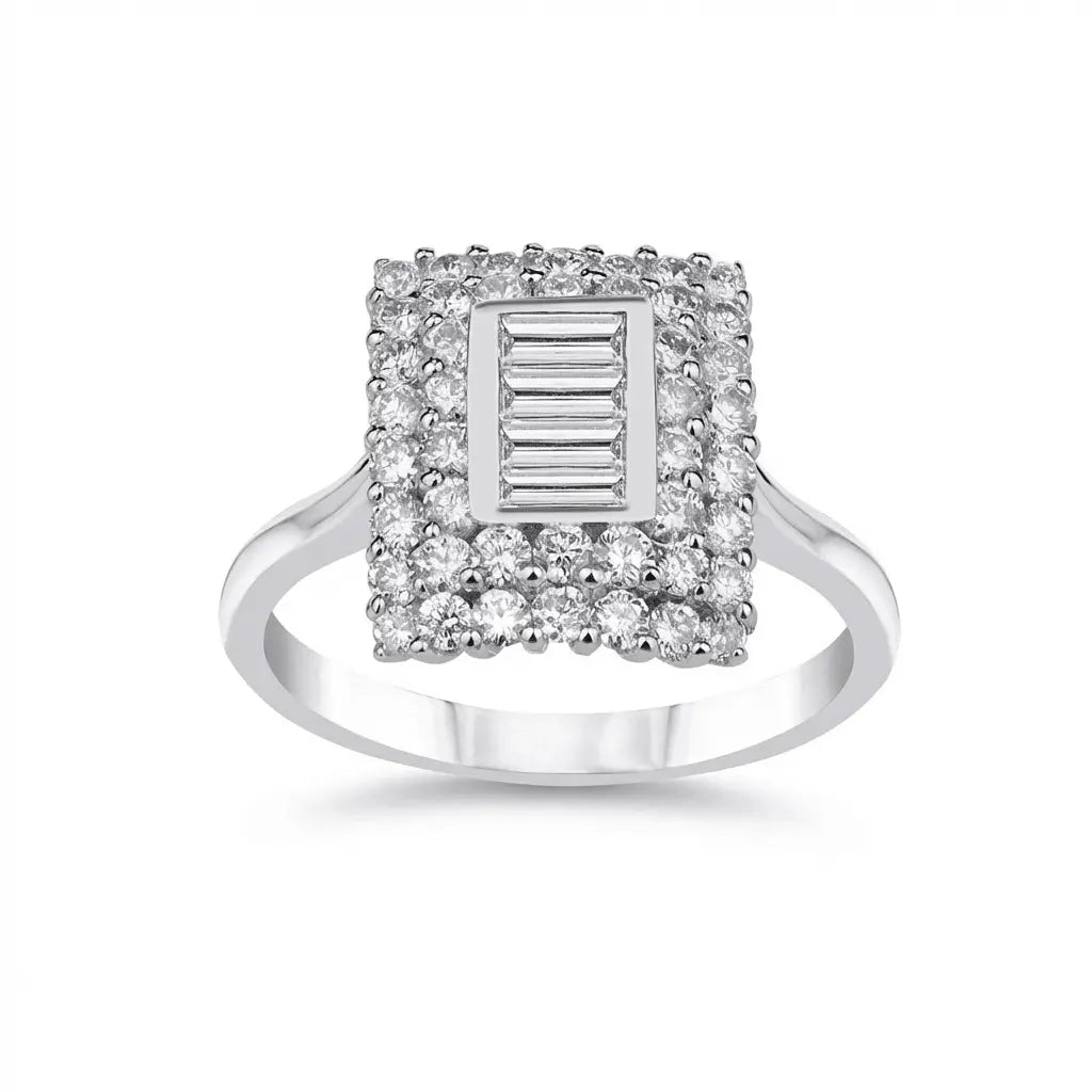 14ct/14K White Gold Natural Diamond Ring – Square Baguette Diamond Halo 1.09ct