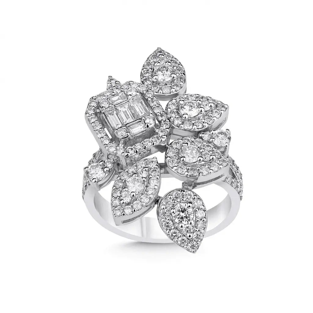 14ct/14K White Gold Natural Diamond Ring – Floral Diamond Cluster Statement 1.76ct