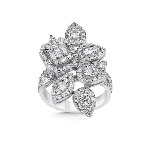 14ct/14K White Gold Natural Diamond Ring – Floral Diamond Cluster Statement 1.76ct