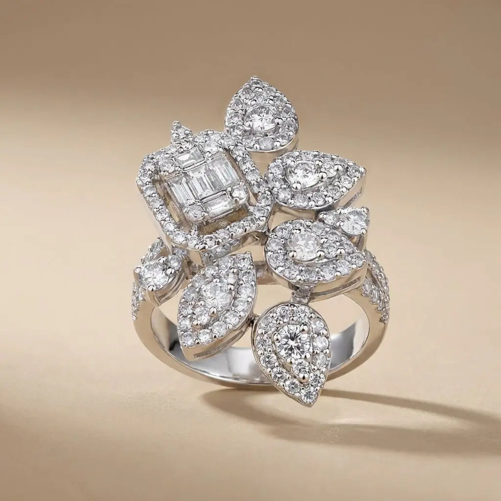 14ct/14K White Gold Natural Diamond Ring – Floral Diamond Cluster Statement 1.76ct
