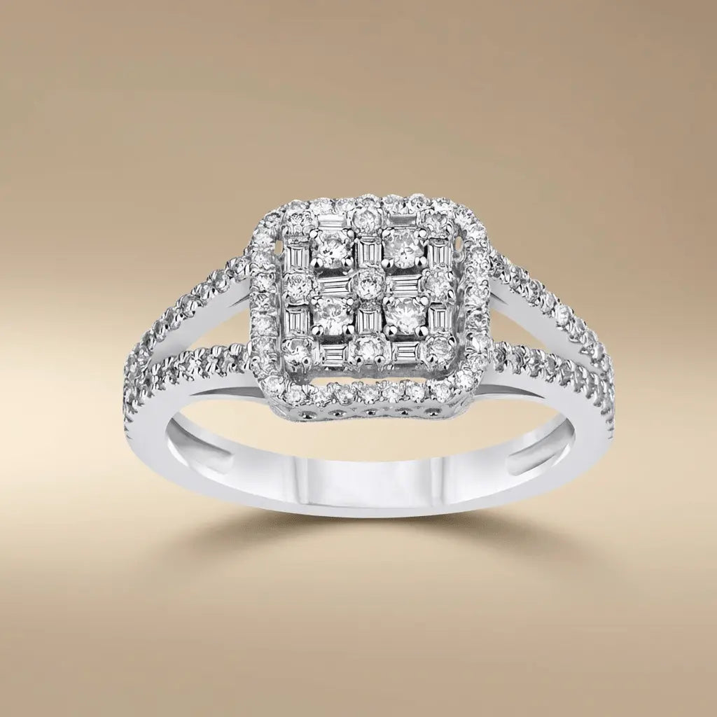14ct/14K White Gold Natural Diamond Ring – Diamond Cluster Halo 0.95ct