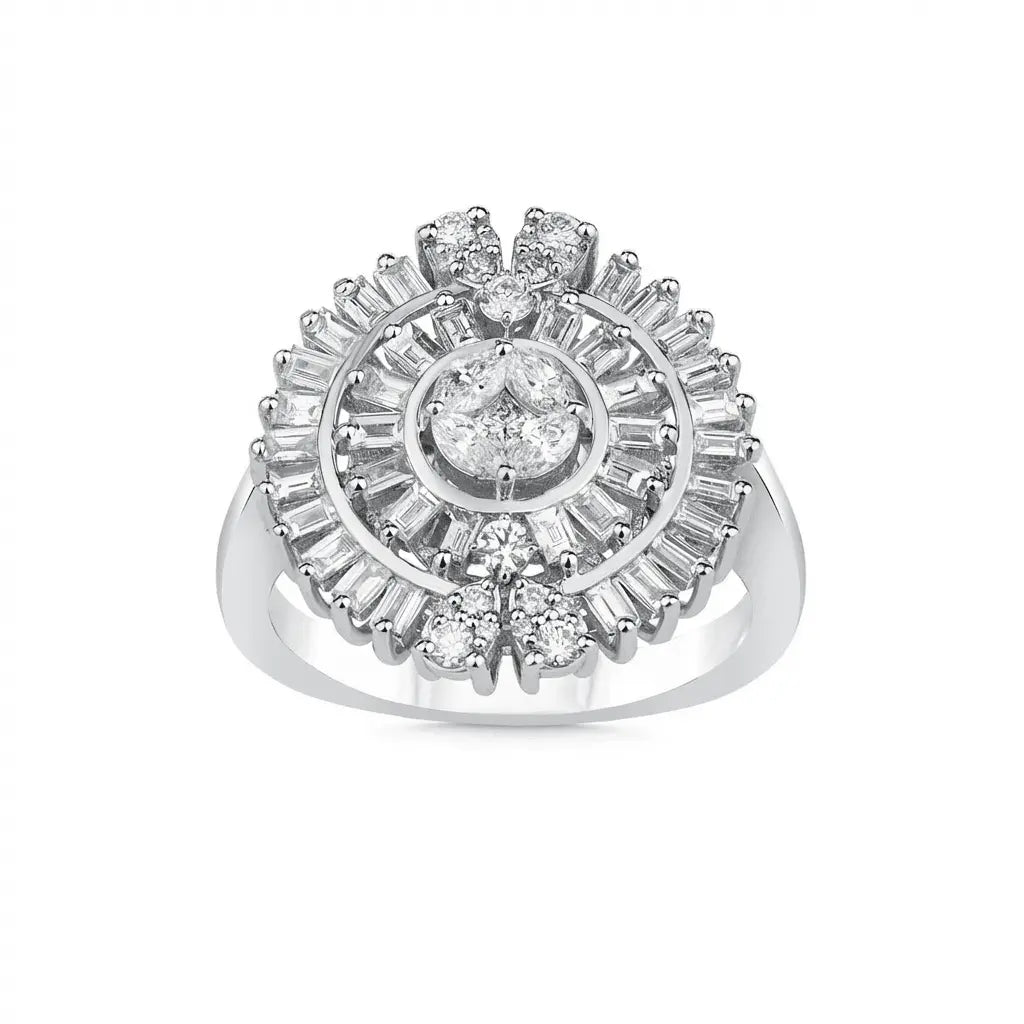 14ct/14K White Gold Natural Diamond Ring – Floral Baguette Halo Diamond 1.2ct