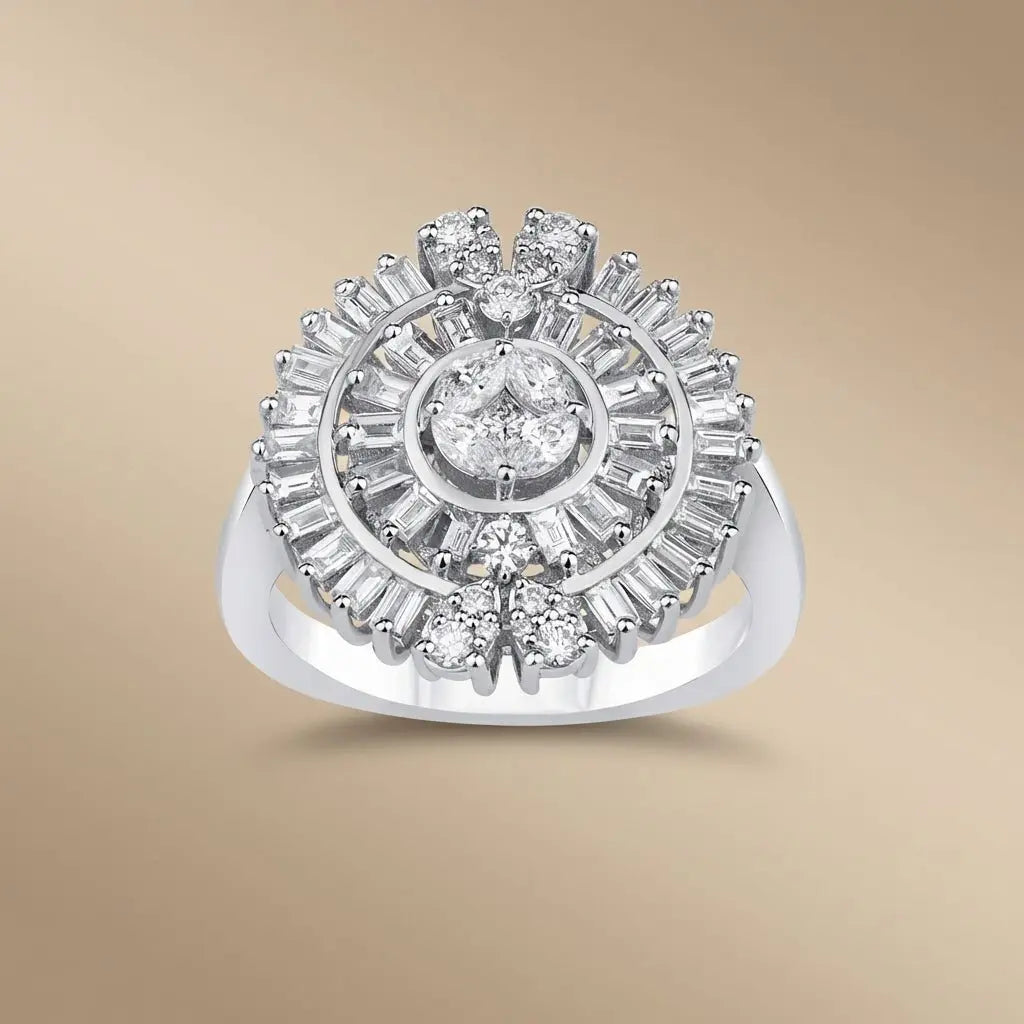 14ct/14K White Gold Natural Diamond Ring – Floral Baguette Halo Diamond 1.2ct