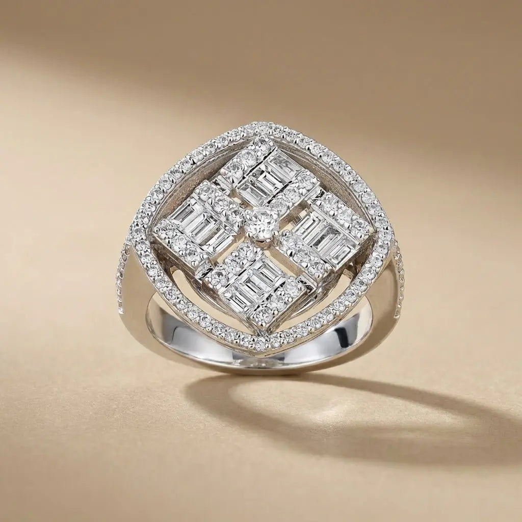 14ct/14K White Gold Natural Diamond Ring – Square Halo Cluster 1.28ct