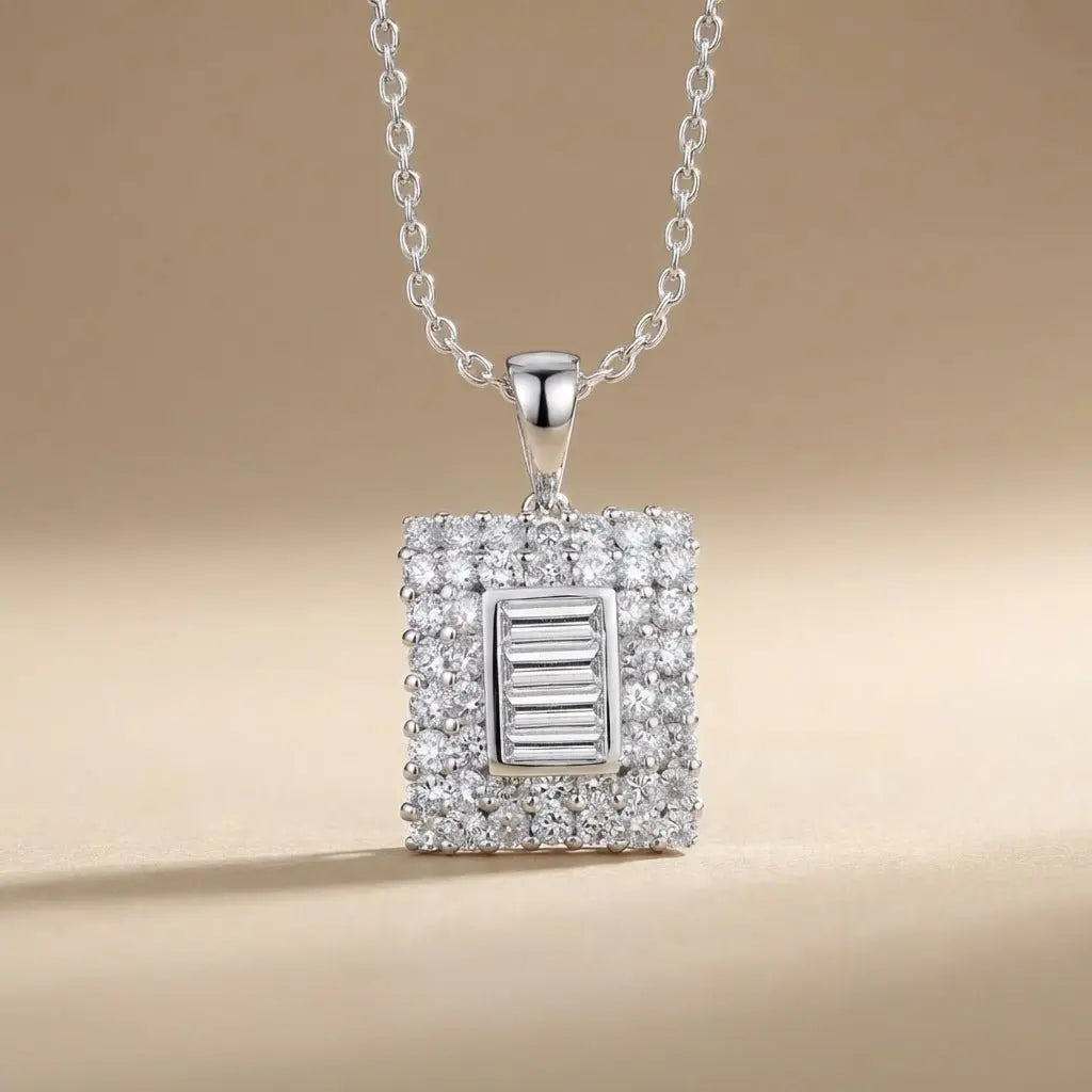 14ct/14K White Gold Natural Diamond Pendant – Square Baguette Diamond Cluster 1.02ct