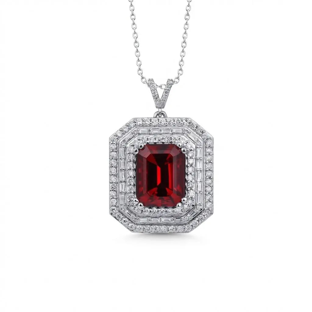 14ct/14K White Gold Ruby & Diamond Pendant – Emerald Cut Ruby Diamond Halo 1.12ct
