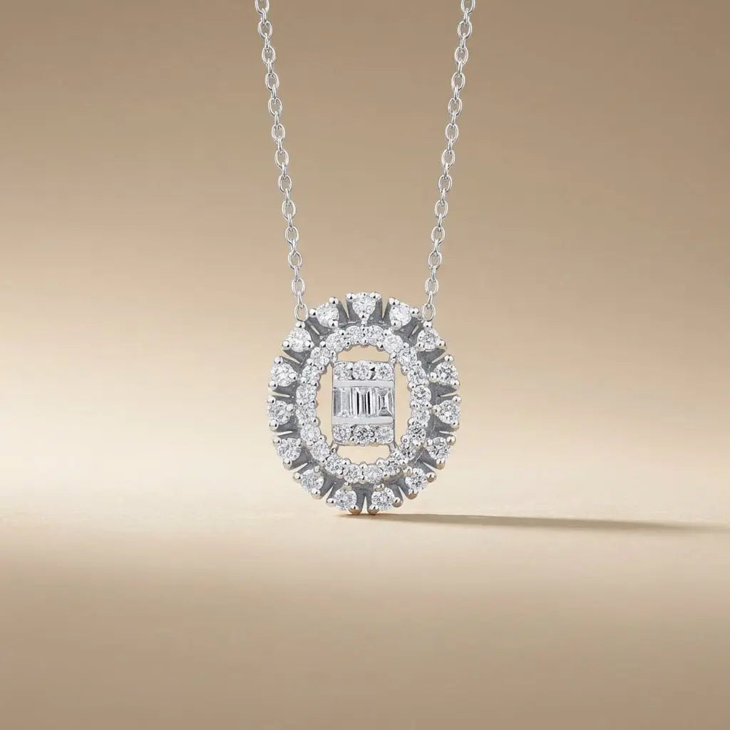 14ct/14K White Gold Natural Diamond Pendant – Oval Halo Diamond with Baguette Center 0.37ct