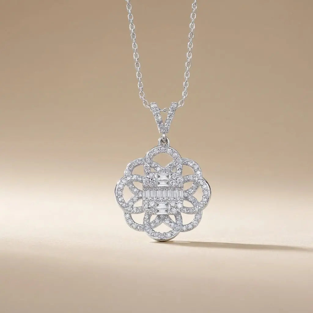 14ct/14K White Gold Natural Diamond Pendant – Floral Diamond with Baguette Center 0.61ct