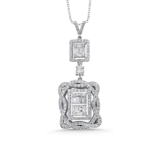 14ct/14K White Gold Natural Diamond Pendant – Double Halo Baguette Diamond Statement 1.44ct