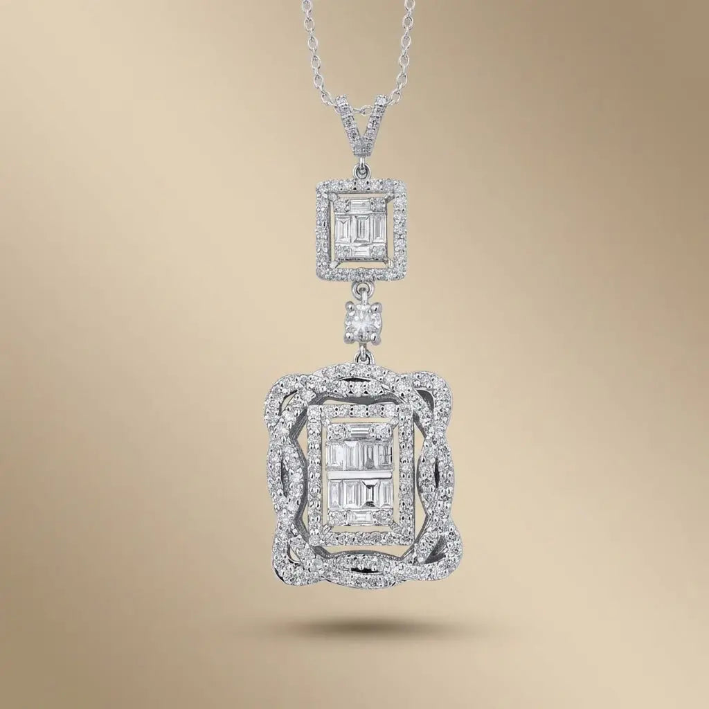14ct/14K White Gold Natural Diamond Pendant – Double Halo Baguette Diamond Statement 1.44ct