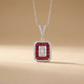14ct/14K White Gold Ruby & Diamond Pendant – Ruby Halo Diamond with Baguette Center 0.52ct
