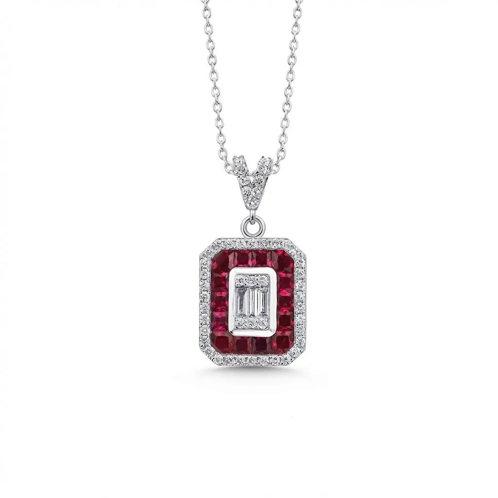 14ct/14K White Gold Ruby & Diamond Pendant – Ruby Halo Baguette Diamond 0.31ct