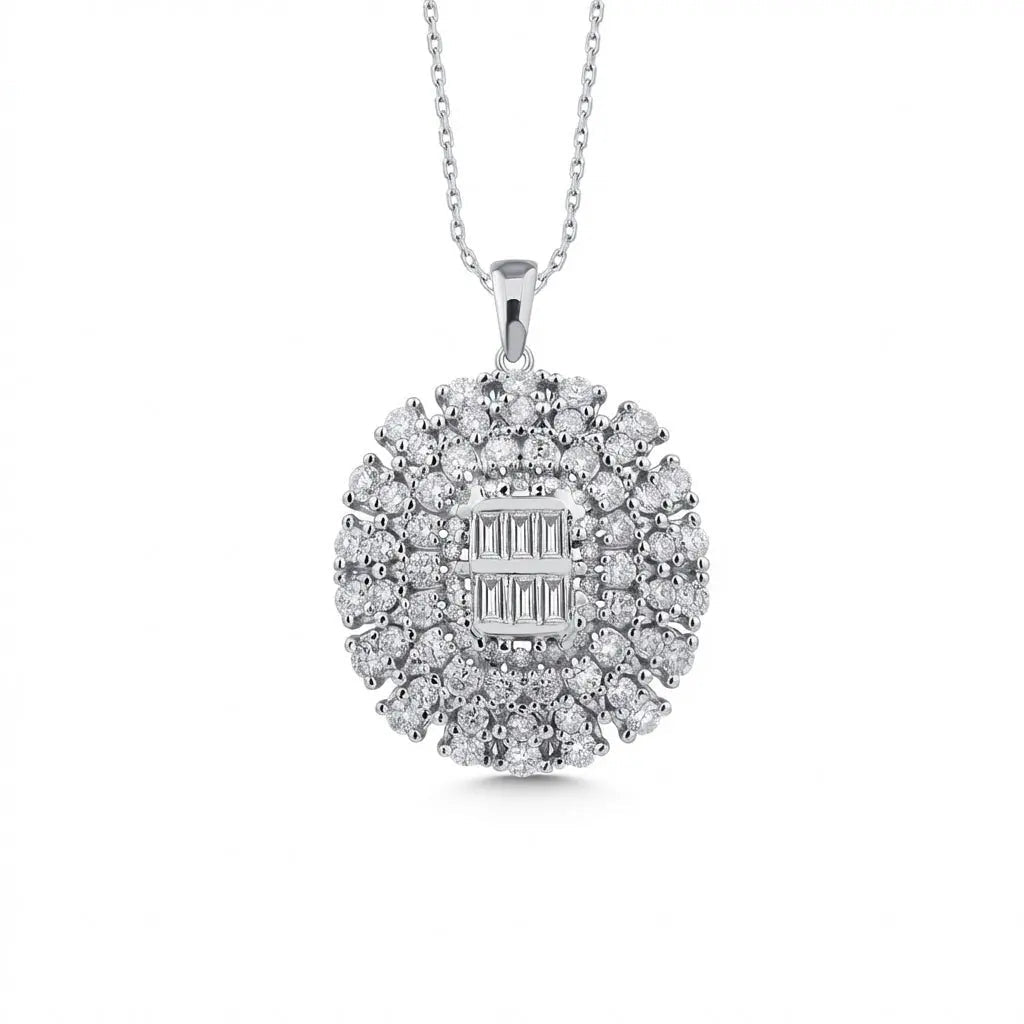 14ct/14K White Gold Natural Diamond Pendant – Oval Baguette Cluster 1.39ct