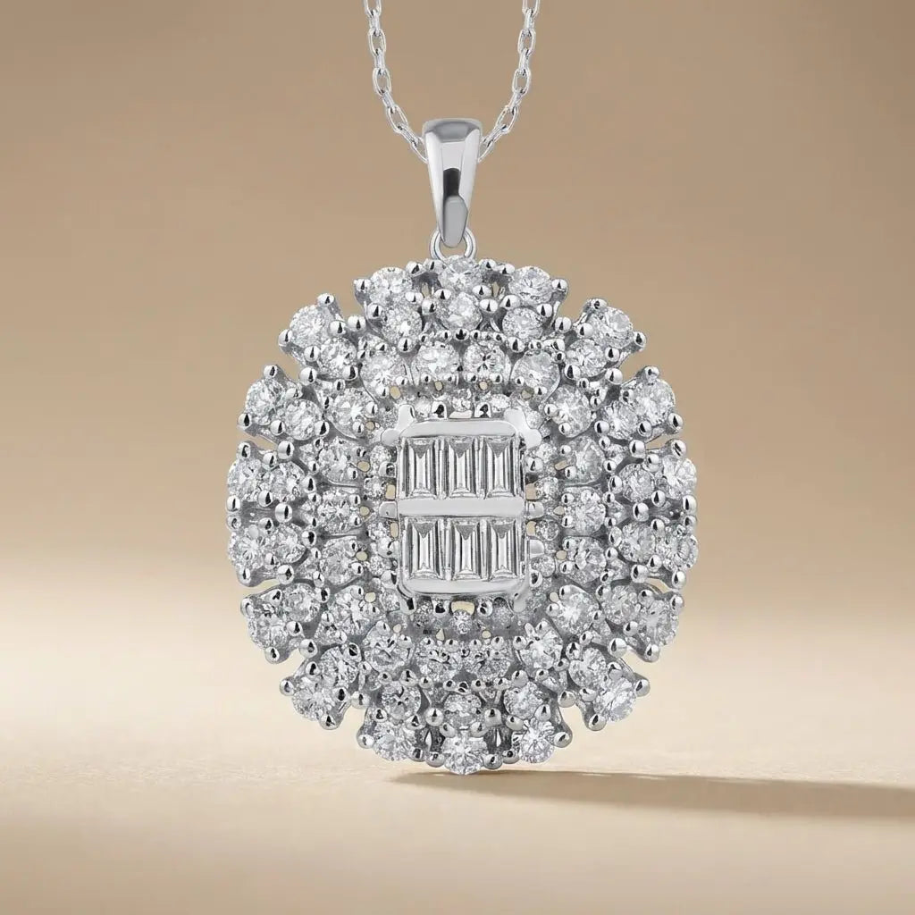 14ct/14K White Gold Natural Diamond Pendant – Oval Baguette Cluster 1.39ct