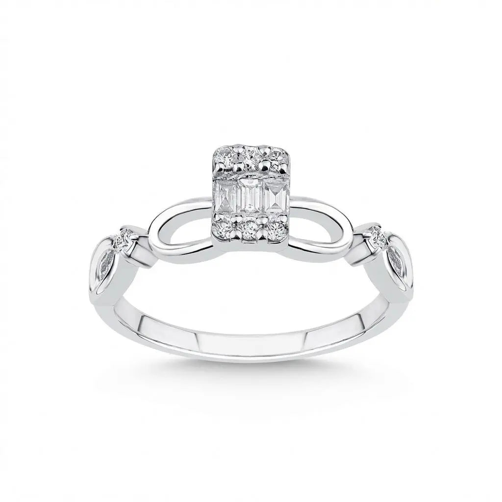 14ct/14K White Gold Natural Diamond Ring – Infinity Diamond with Baguette Center 0.1ct