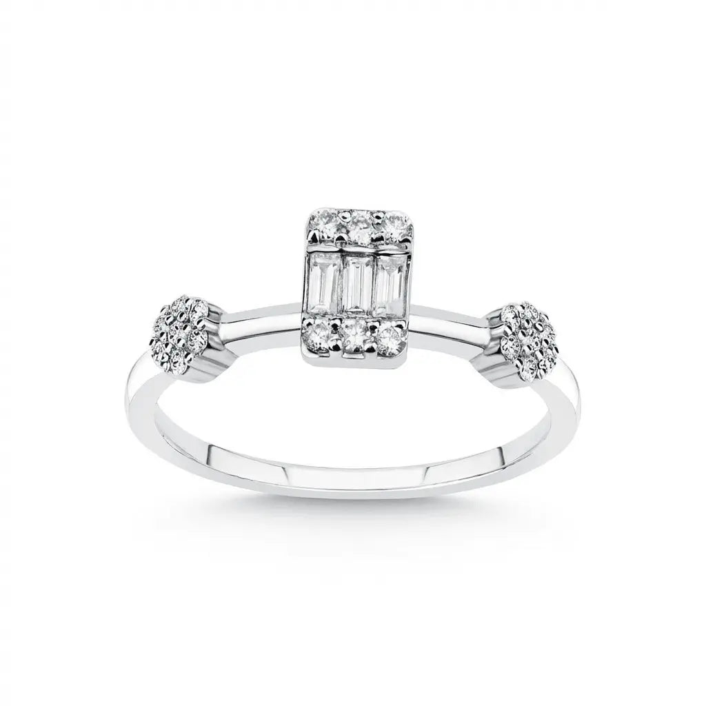 14ct/14K White Gold Natural Diamond Engagement Ring – Baguette Center Diamond with Cluster Accents