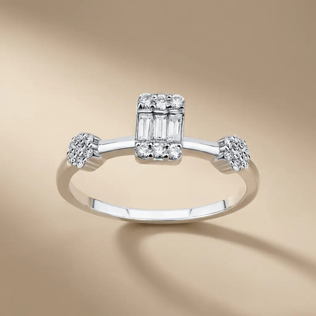 14ct/14K White Gold Natural Diamond Engagement Ring – Baguette Center Diamond with Cluster Accents