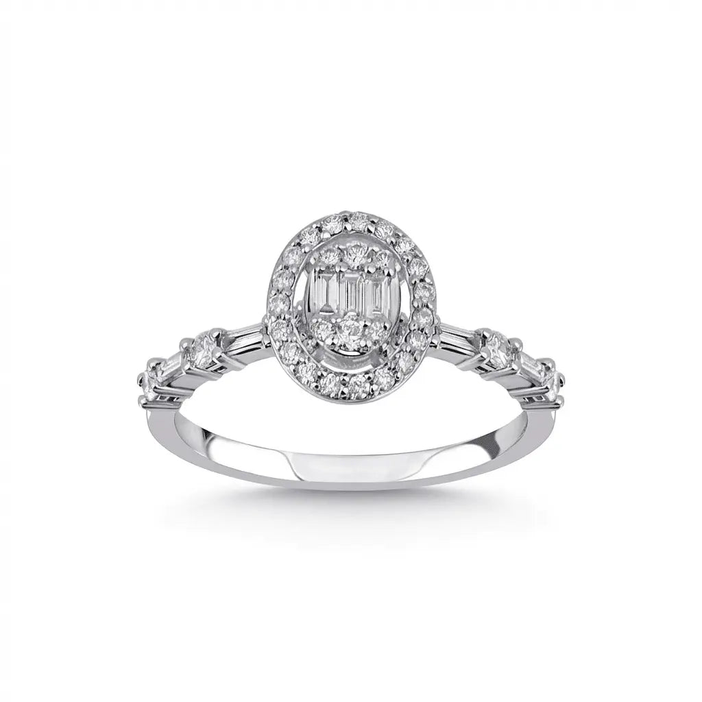 14ct/14K White Gold Natural Diamond Engagement Ring – Oval Halo Baguette Diamond 0.44ct