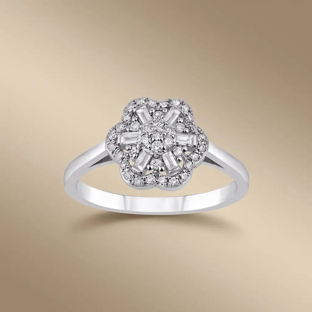 14ct/14K White Gold Natural Diamond Ring – Vintage Flower Diamond Cluster 0.3ct